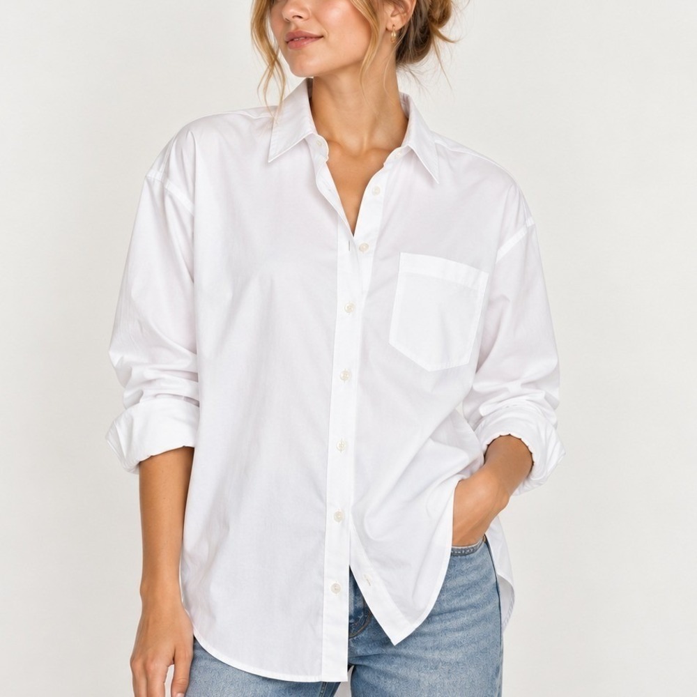 Rochelle Behrens Jet Set Boyfriend Shirt Women Large White No Gape Button Up
